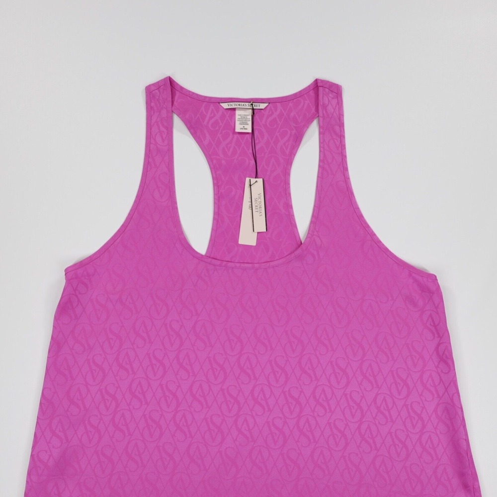 Victoria's Secret Women's Satin Racerback Allover Logo Sleepwear Tank Top Pink M - Picture 2 of 8